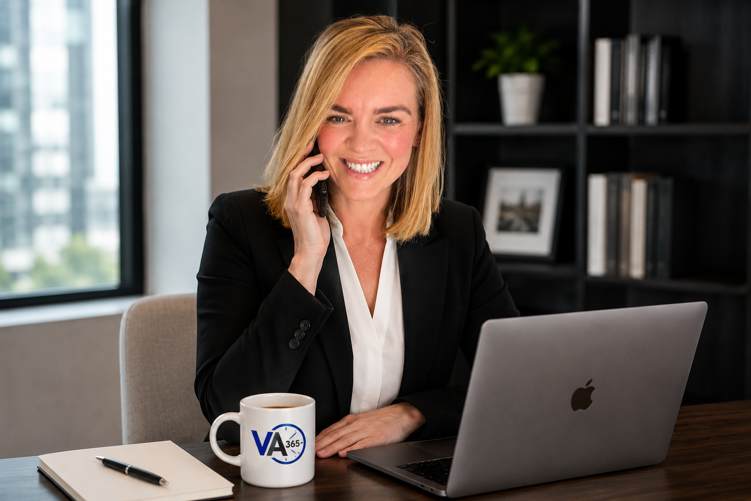 Jo Hannah of VA365 at her Edinburgh desk taking a client call
